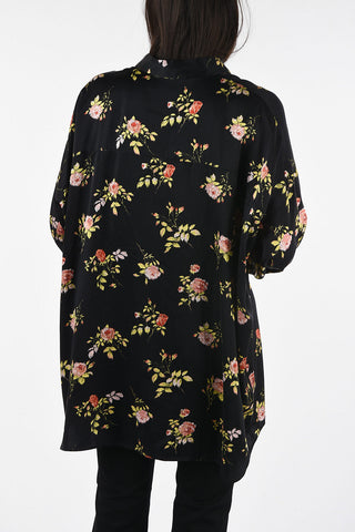 floral-print silk ruffle front shirt