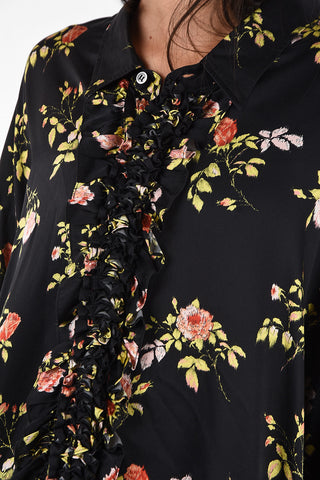 floral-print silk ruffle front shirt