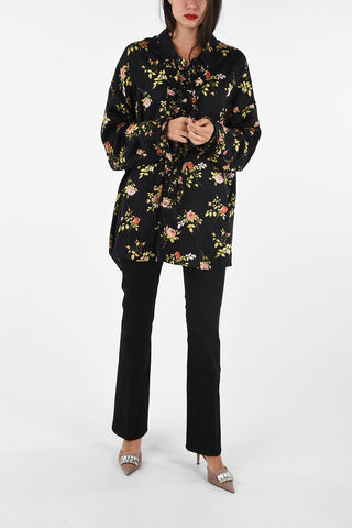 floral-print silk ruffle front shirt
