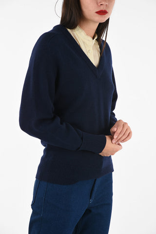  Wool V-neck  sweater with flounce sleeves