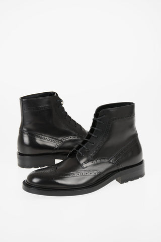 Leather Combat Boots With Brogues Details