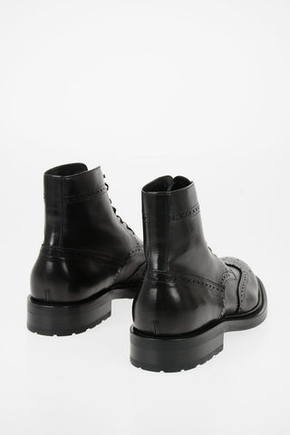 Leather Combat Boots With Brogues Details