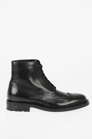 Leather Combat Boots With Brogues Details