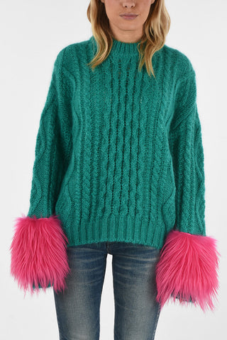 cable knit crew-neck sweater with hairy mohair applications