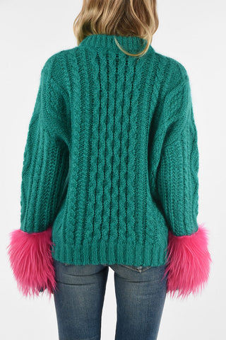 cable knit crew-neck sweater with hairy mohair applications