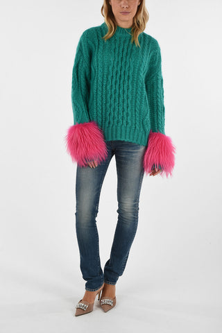 cable knit crew-neck sweater with hairy mohair applications