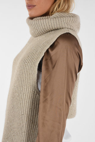 CASHMERE sleeveless turtle-neck sweater with sequin applications