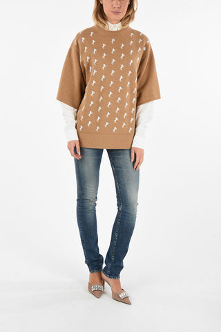 Maglia Girocollo Con Ricami Cavalli e Maniche a ¾