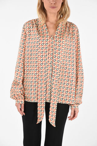 Horsebit Printed Silk Tie Neck Blouse