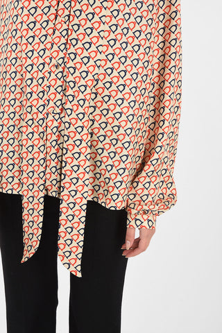 Horsebit Printed Silk Tie Neck Blouse