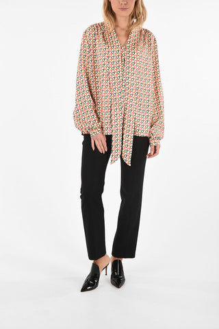 Horsebit Printed Silk Tie Neck Blouse