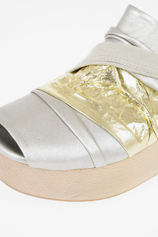 7cm leather Peep Toe  DRAPED Wedge clogs