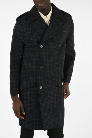 Virgin Wool Checked Double Breasted Coat with Patch Pockets