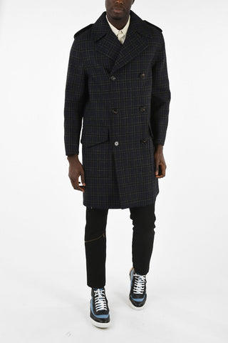 Virgin Wool Checked Double Breasted Coat with Patch Pockets