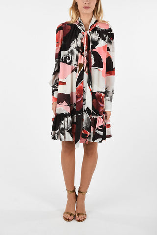 Floral-Printed Silk Tie Neck Dress