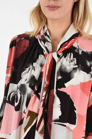 Floral-Printed Silk Tie Neck Dress