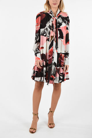 Floral-Printed Silk Tie Neck Dress