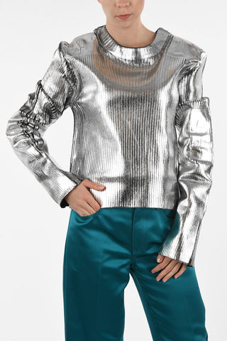 MM6 Metallic Faux Leather Ribbed Crew-Neck Sweater
