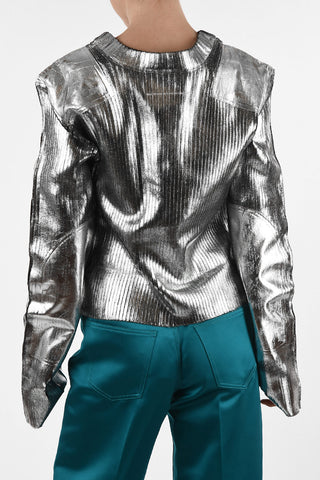 MM6 Metallic Faux Leather Ribbed Crew-Neck Sweater
