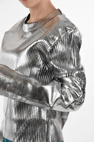 MM6 Metallic Faux Leather Ribbed Crew-Neck Sweater