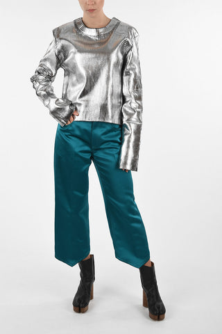 MM6 Metallic Faux Leather Ribbed Crew-Neck Sweater