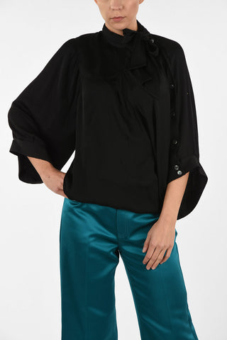 MM0 Tie Neck Ribbed silk Top With Cape Sleeve