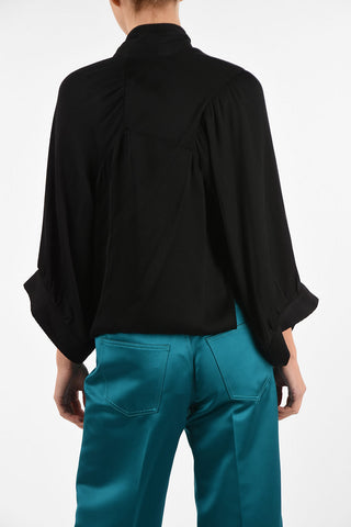 MM0 Tie Neck Ribbed silk Top With Cape Sleeve