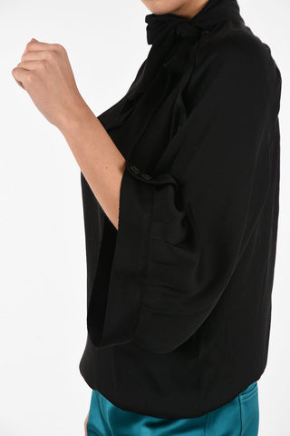 MM0 Tie Neck Ribbed silk Top With Cape Sleeve
