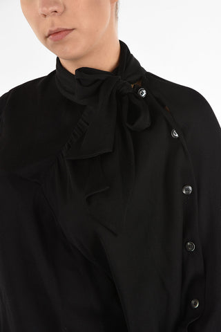 MM0 Tie Neck Ribbed silk Top With Cape Sleeve