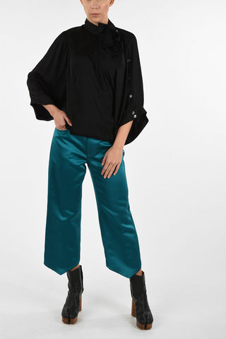 MM0 Tie Neck Ribbed silk Top With Cape Sleeve
