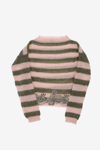 Striped crew-neck sweater with Lace Insert