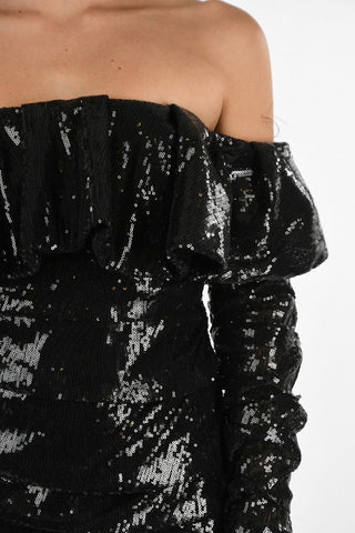 Mini Dress Drappeggiato in Paillettes Con Scollo Volant