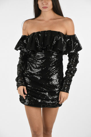 Mini Dress Drappeggiato in Paillettes Con Scollo Volant