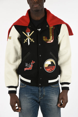 Embroidered Bomber with Leather Sleeves