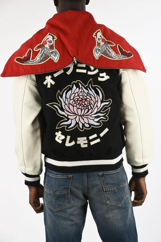 Embroidered Bomber with Leather Sleeves