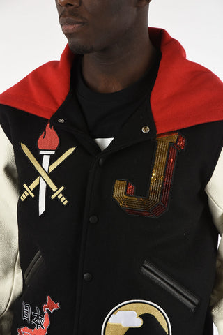 Embroidered Bomber with Leather Sleeves
