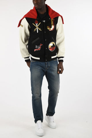 Embroidered Bomber with Leather Sleeves