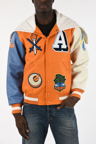 Embroidered Bomber with Leather Sleeves
