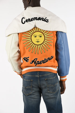 Embroidered Bomber with Leather Sleeves