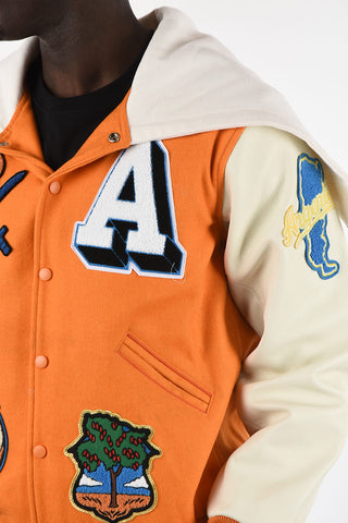 Embroidered Bomber with Leather Sleeves