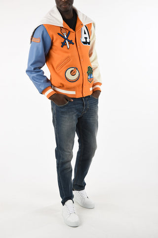 Embroidered Bomber with Leather Sleeves