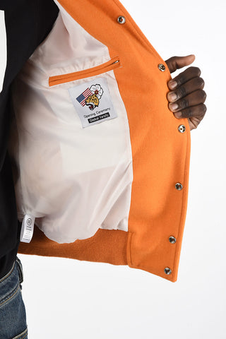 Embroidered Bomber with Leather Sleeves