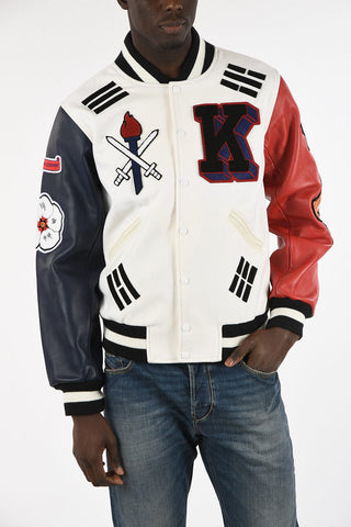 Embroidered Bomber with Leather Sleeves