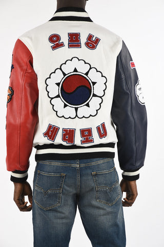 Embroidered Bomber with Leather Sleeves