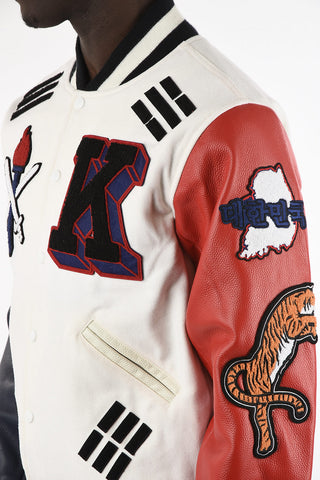 Embroidered Bomber with Leather Sleeves