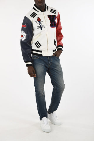 Embroidered Bomber with Leather Sleeves