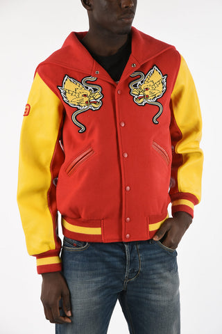 Embroidered Bomber with Leather Sleeves