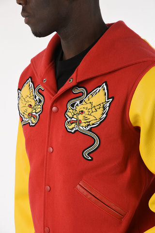 Embroidered Bomber with Leather Sleeves
