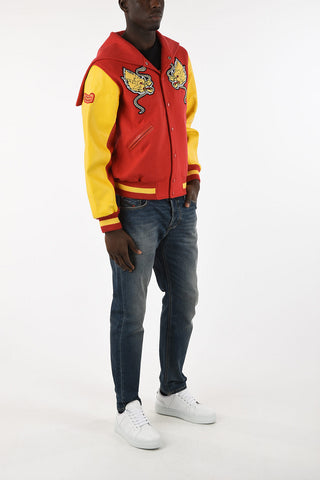 Embroidered Bomber with Leather Sleeves