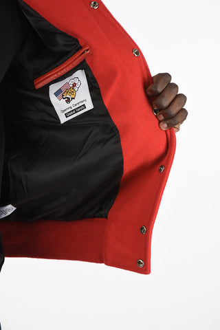 Embroidered Bomber with Leather Sleeves